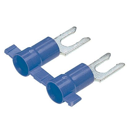 Kilitleme çatal terminal vinil, izole huni girişi, plastik yalıtım 16- 14 AWG kablo aralığı, # 10 saplama boyutu, kıvrım verilmiştir.