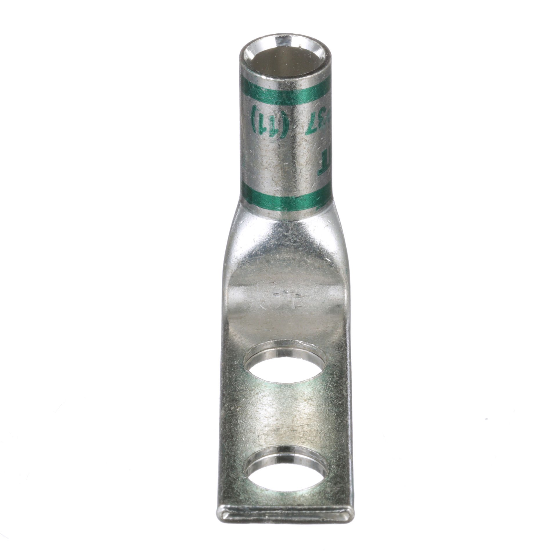 İki delikli, pencere ile standart bir kovan pabucu, 1. AWG kablo, 3/8 saplama deliği, 1 delik açıklığı, 90 ° açı dil.