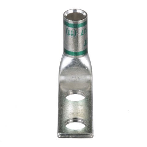 İki delikli, pencere ile standart bir kovan pabucu, 1. AWG kablo, 3/8 saplama deliği, 1 delik açıklığı, 90 ° açı dil.