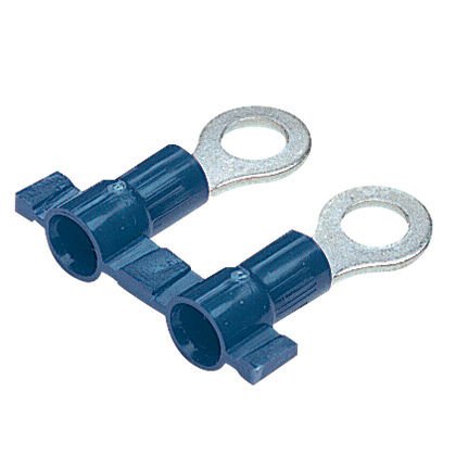 Halka terminal vinil yalıtılmış, huni girişi, plastik yalıtım kıvrım, 16-14 AWG kablo aralığı, 10. saplama boyutu.