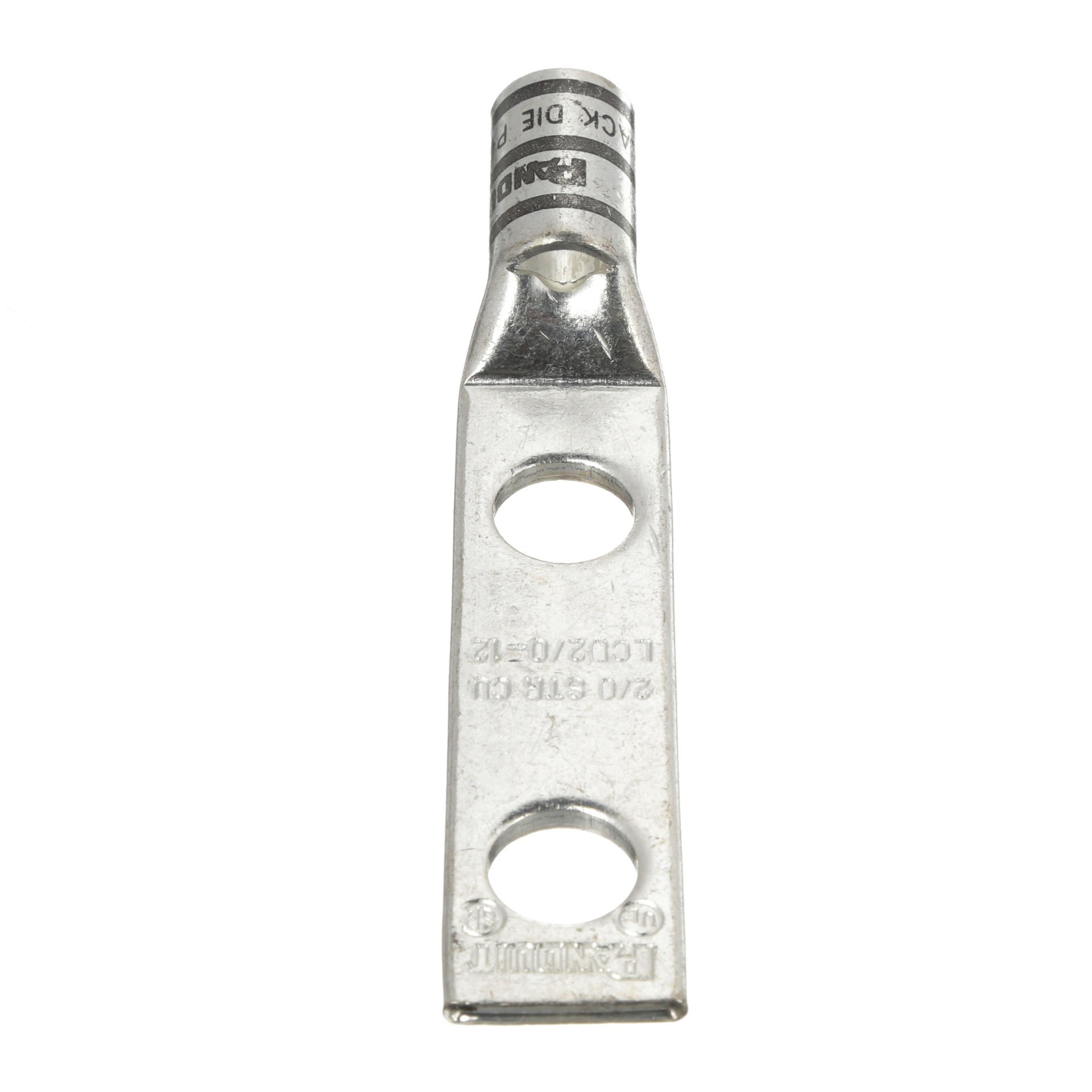 İki delikli, pencere ile standart bir kovan pabucu, 2/0 AWG kablo, 1/2 saplama deliği, 1.75 delik açıklığı.