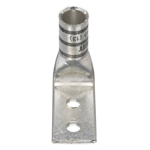 İki delikli, pencere ile standart bir kovan pabucu, 2/0 AWG kablo, 1/4 saplama deliği, .63 delik açıklığı, 90 ° açı dil.
