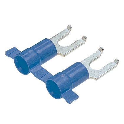 Flanşlı çatal terminal vinil, kıvrım huni girişi, plastik yalıtım, 16- 14 AWG kablo aralığı, 6. saplama boyutu yalıtılmıştır.