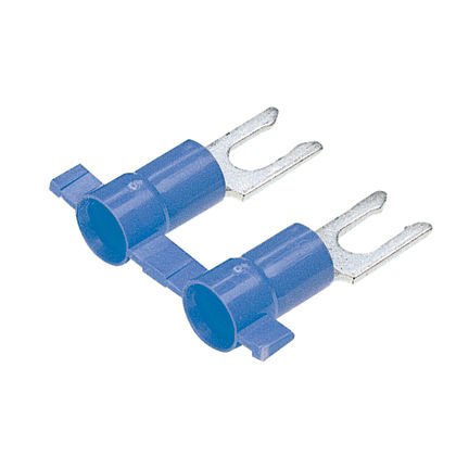 Kilitleme çatal terminal vinil, izole huni girişi, plastik yalıtım, 16- 14 AWG kablo aralığı, 6. saplama boyutu kıvrım verilmiştir.