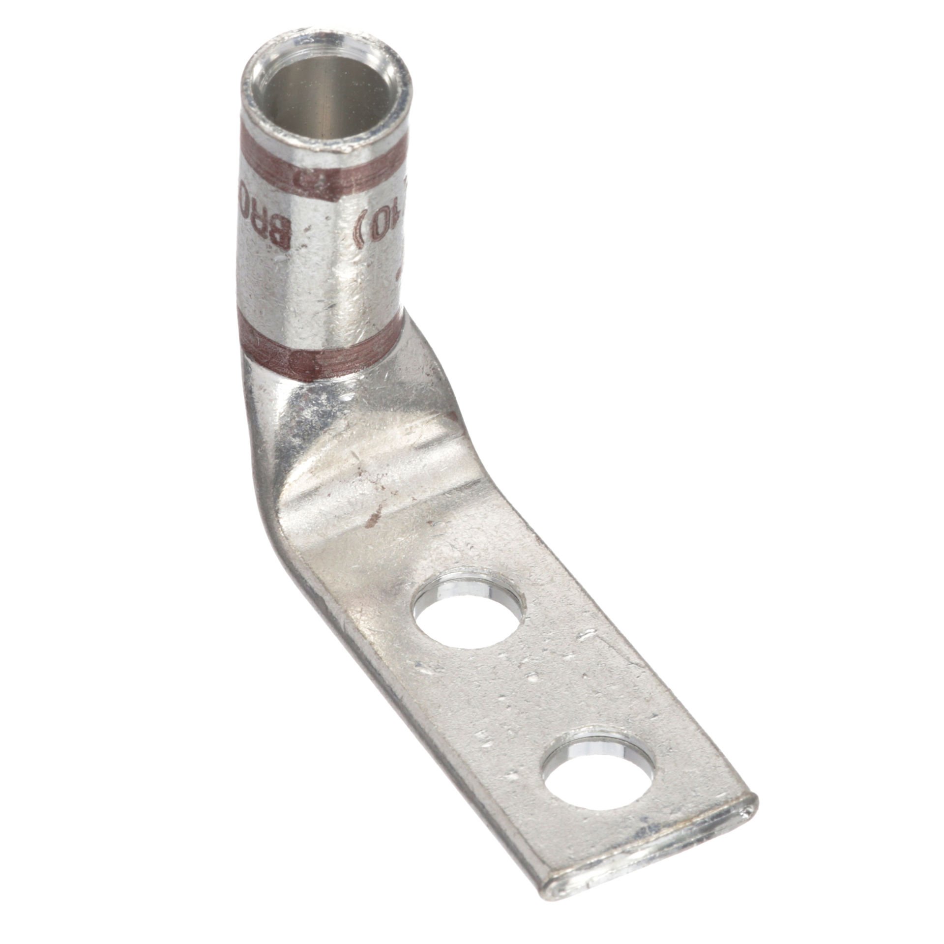 Bakır Sıkıştırma Lug, 2 Delik, 2. AWG Kodu İletken, Standart Namlu, 5/16'' Stud, 1'' Delik Aralığı, 90 ° Bent