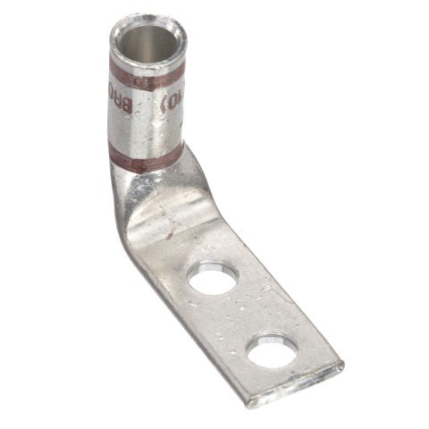 Bakır Sıkıştırma Lug, 2 Delik, 2. AWG Kodu İletken, Standart Namlu, 5/16'' Stud, 1'' Delik Aralığı, 90 ° Bent