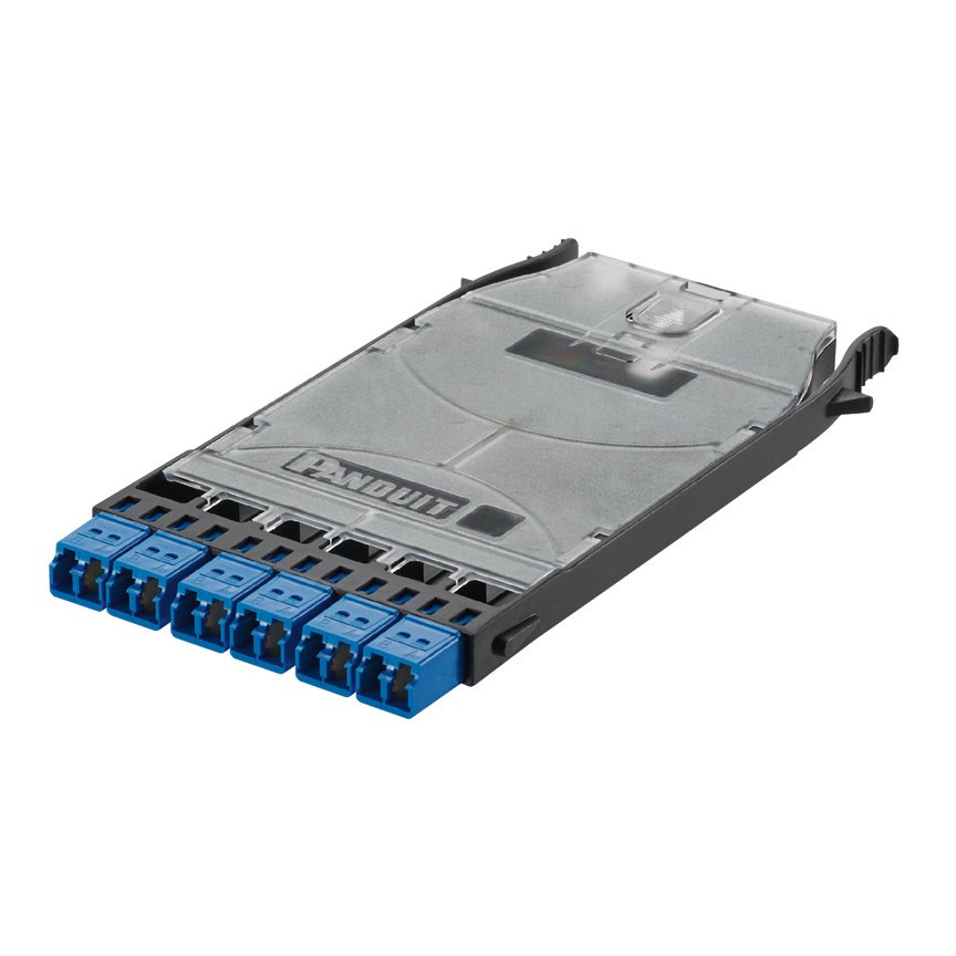 HD Flex LC irtibat kutucuğu zirkonyum kollu mavi 12 fiber şerit OS2 saç örgüsü ve Standart IL, 6-girişli çift yönlü LC adaptörleri ile önceden yüklenmiş.