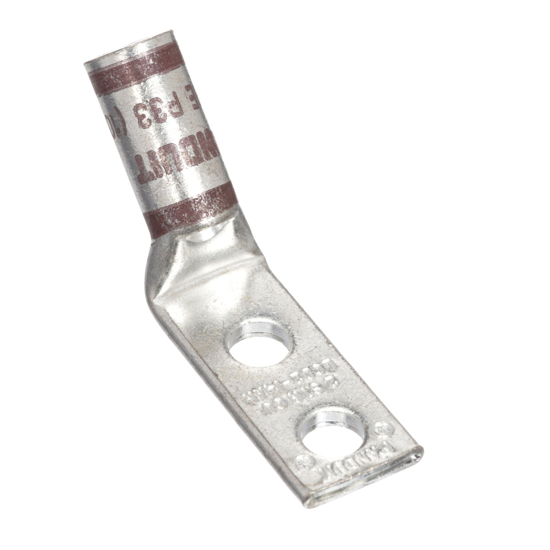 Bakır Sıkıştırma Lug, 2 Delik, 2. AWG Kodu İletken, Standart Namlu, 5/16'' Stud, 1'' Delik Aralığı, 45 ° Bent