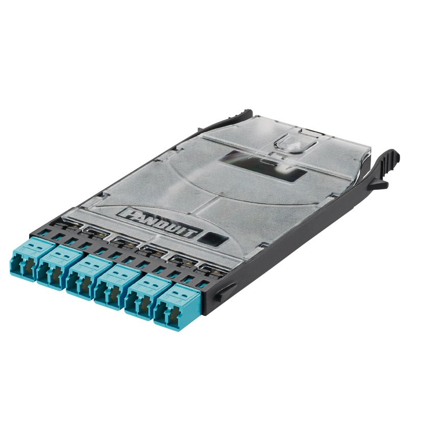 HD Flex LC irtibat kutucuğu 12 OM4 LC kısa teller (250um) ve optimize edilmiş IL önceden yüklenmiş; zirkonyum kollu aqua 6-bağlantı çift taraflı LC bağdaştırıcıları.