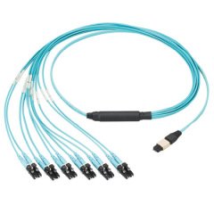 OM4 12 fiber, montaj demeti kablo, düşük duman alan sıfır halojen, LC dubleks MPO erkek 60cm (24 inç) eşit koparma, std. IL. Aqua, 1 metre.