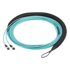 12 fiber OM4 + İmza Çekirdek ™ küçük çaplı gövde kablo düzeneği olup, LSZH bir ucunda bir göz çekme ile, değerlendirilmiş MPO Kadın MPO Kadın, Yöntem A Ultra IL (düşük sıfır Halojen duman).