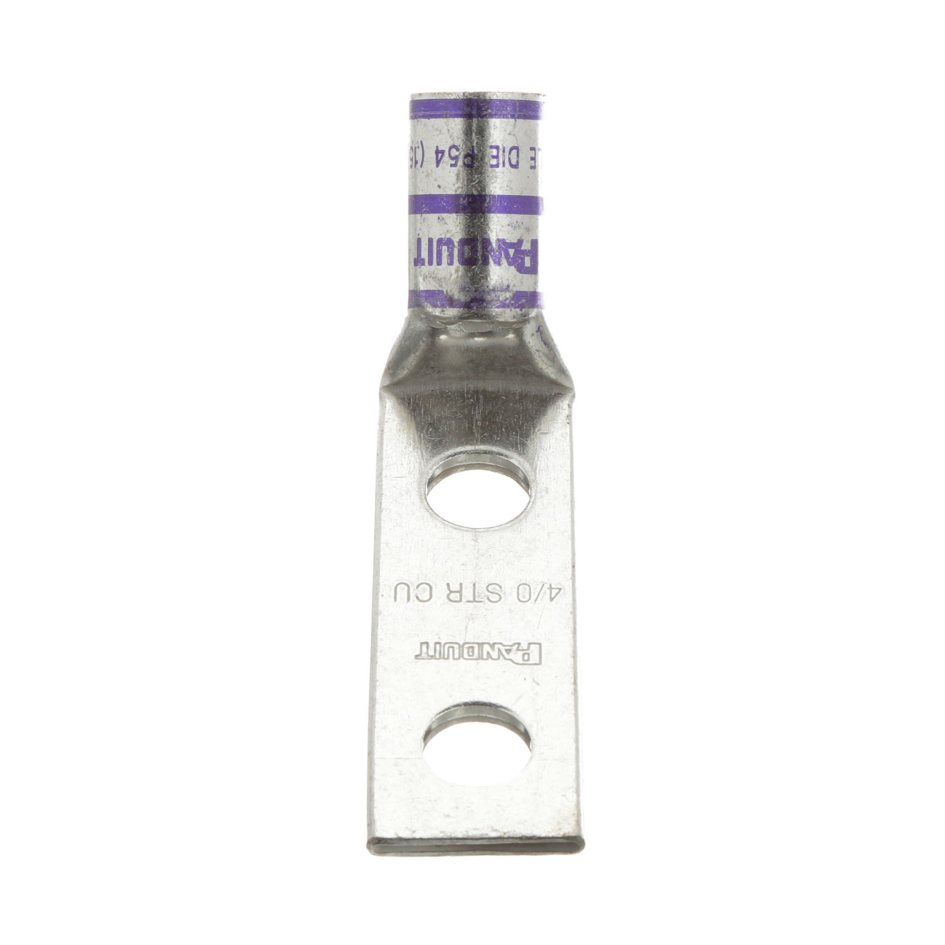İki delikli, pencere ile standart bir kovan pabucu, 4/0 AWG kablo, 1/2 saplama deliği, 1.75 delik açıklığı NEMA delik boyutları ve aralığı, 45 ° 'lik açılı bir dil.