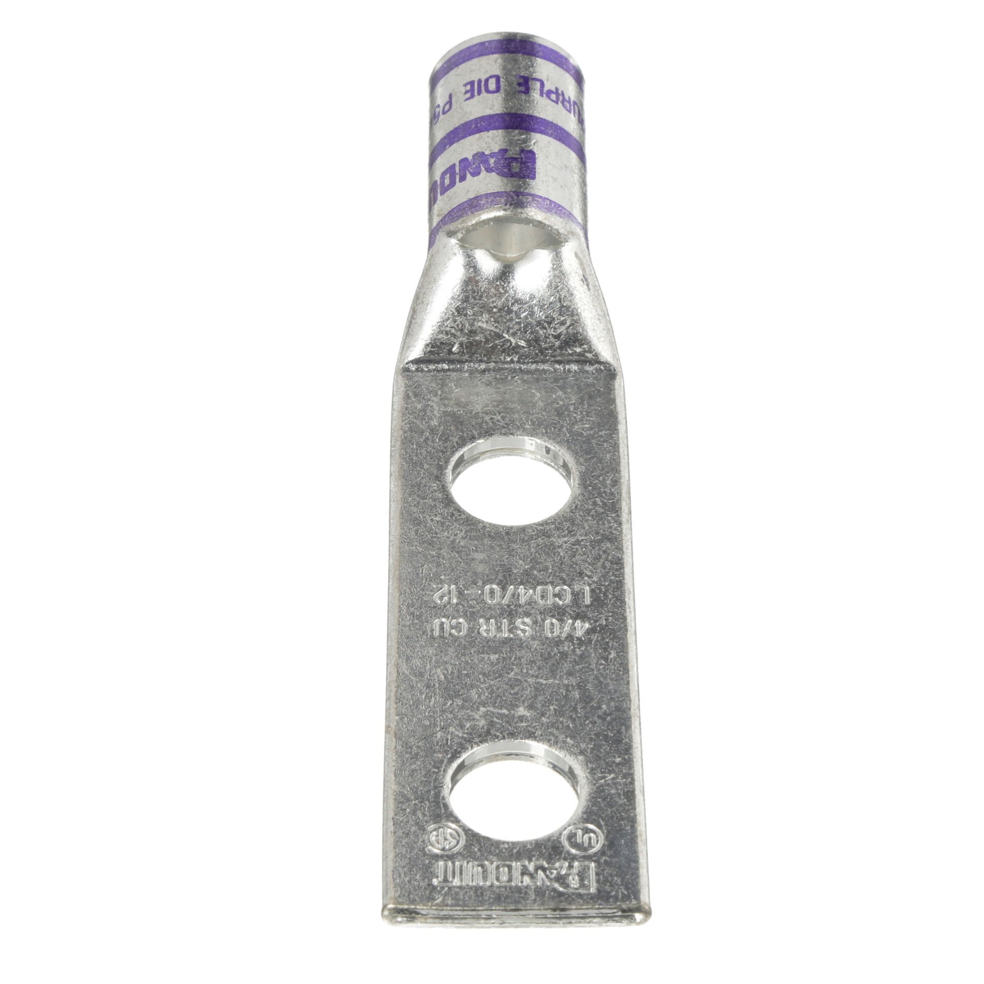 İki delikli, pencere ile standart bir kovan pabucu, 4/0 AWG kablo, 1/2 saplama deliği, 1.75 delik açıklığı NEMA delik boyutları ve aralığı.