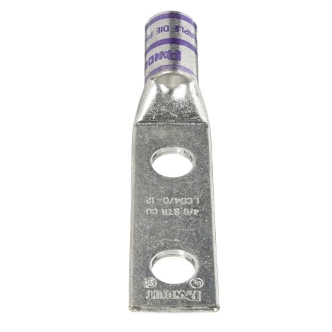 İki delikli, pencere ile standart bir kovan pabucu, 4/0 AWG kablo, 1/2 saplama deliği, 1.75 delik açıklığı NEMA delik boyutları ve aralığı.