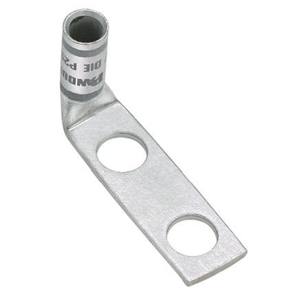 İki delikli, pencere ile standart bir kovan pabucu, 4/0 AWG kablo, 1/4 saplama deliği, .75 delik açıklığı, 90 ° açı dil.