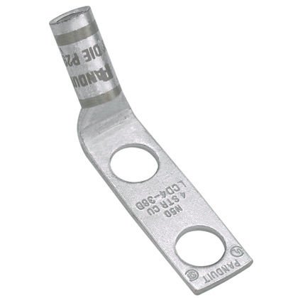 İki delikli, pencere ile standart bir kovan pabucu, 4/0 AWG kablo, 1/4 saplama deliği, .75 delik açıklığı, 45 ° 'lik açılı bir dil.