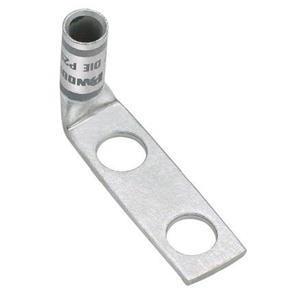 Bakır Sıkıştırma Lug, 2 Delik, 4/0 AWG Kodu İletken, Standart Namlu, 5/16'' Stud, .75'' Delik Aralığı, 90 ° Bent