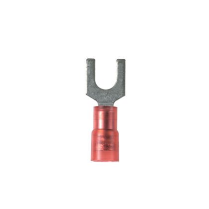 Çatal terminal, 0.5 - 1.0mm² tel aralığı M5 saplama boyutu, yalıtılmış naylon varil, huni girişi.
