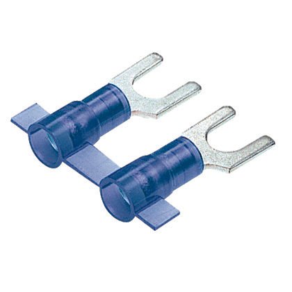 Makara Fed çatal terminal, 1.5 - 2.5mm² tel aralığı, M3 saplama boyutu, yalıtılmış naylon varil, huni girişi.