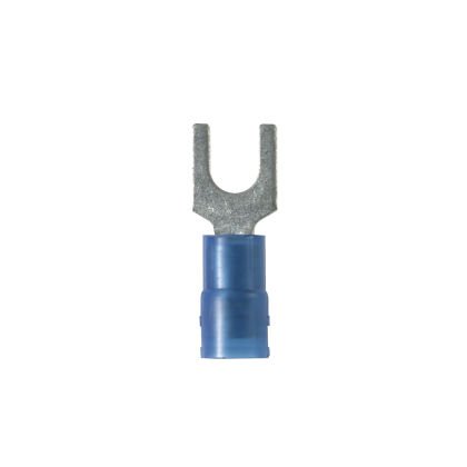Çatal terminal, 1.5 - 2.5mm² tel aralığı M5 saplama boyutu, yalıtılmış naylon varil, huni girişi.