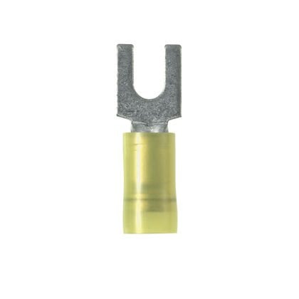 Çatal terminal, 4.0 - 6.0mm² tel aralığı M5 saplama boyutu, yalıtılmış naylon varil, huni girişi.