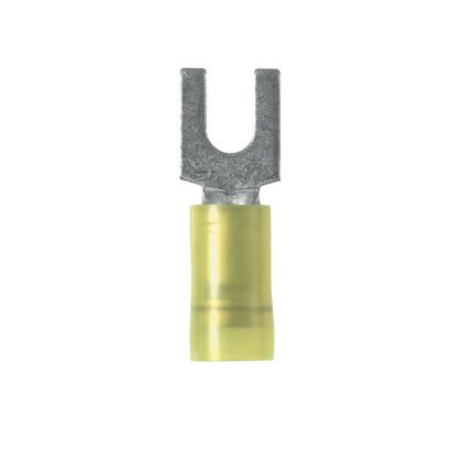 Çatal terminal, 4.0 - 6.0mm² tel aralığı M5 saplama boyutu, yalıtılmış naylon varil, huni girişi.