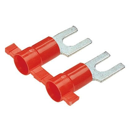Makara Fed çatal terminal, 0.5 - 1.0mm² tel aralığı, M3 saplama boyutu, yalıtılmış vinil, huni girişi.