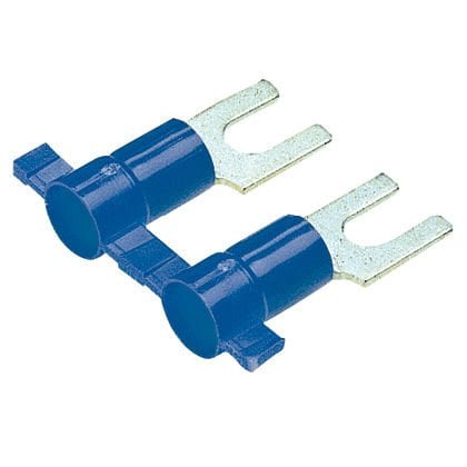 Makara Fed çatal terminal, 1.5 - 2.5mm² tel aralığı, M3 saplama boyutu, yalıtılmış vinil, huni girişi.