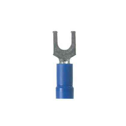 Çatal terminal, bindirilerek dikiş, 1.5 - 2.5mm² tel aralığı, M3 saplama boyut, vinil varil izolasyonlu, huni girişi.