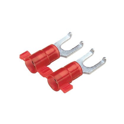 Flanşlı çatal terminal vinil, kıvrım huni girişi, plastik yalıtım, 22- 18 AWG kablo aralığı, 6. saplama boyutu yalıtılmıştır.
