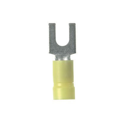 Çatal terminal, 2.5 - 6.0mm² tel aralığı M5 saplama boyutu, yalıtılmış vinil varil, huni girişi.