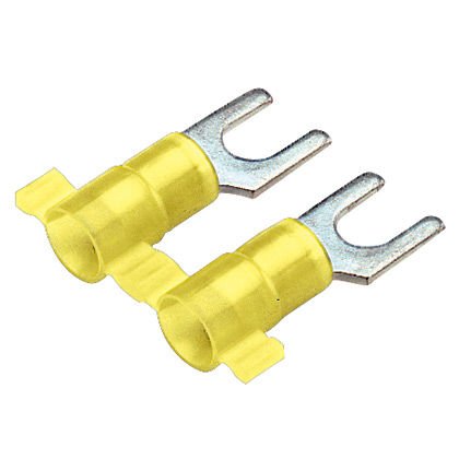 Çatal terminal, naylon yalıtımlı metal yalıtım kavrama manşonu, 12-10 AWG kablo aralığı, 10. saplama boyutu.