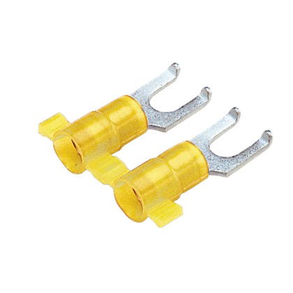 Flanşlı çatal terminal, naylon yalıtımlı metal yalıtım kavrama manşonu, 12- 10 AWG kablo aralığı, 10. saplama boyutu.