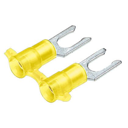 Kilitleme çatal terminal, naylon yalıtımlı metal yalıtım kavrama manşonu, 12-10 AWG kablo aralığı, 10. saplama boyutu.
