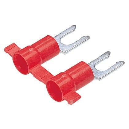 Kilitleme çatal terminal vinil, izole huni girişi, plastik yalıtım, 22- 18 AWG kablo aralığı, 8. saplama boyutu kıvrım verilmiştir.