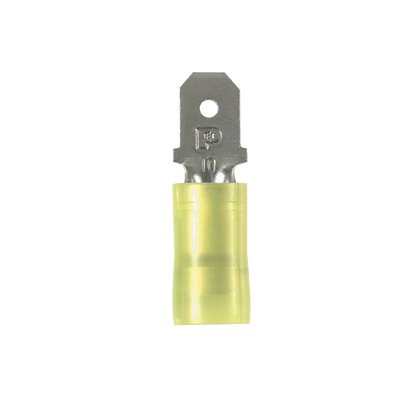 titreşime dayanıklı Erkek parça bağlantı kesme baz metal bakır ve nikel kaplama olup edilir. Bu, sarı bir naylon mahfaza içinde yalıtımlı varil. Bu 0.250 x 0.032'' (6.3 x 0.8 mm) ve destekler 12-10 AWG (4,0-6,0 mm²) bir tel aralığı bir sekme boyutuna sahi