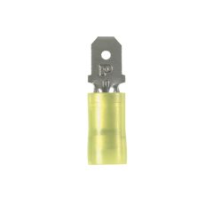 titreşime dayanıklı Erkek parça bağlantı kesme baz metal bakır ve nikel kaplama olup edilir. Bu, sarı bir naylon mahfaza içinde yalıtımlı varil. Bu 0.250 x 0.032'' (6.3 x 0.8 mm) ve destekler 12-10 AWG (4,0-6,0 mm²) bir tel aralığı bir sekme boyutuna sahi