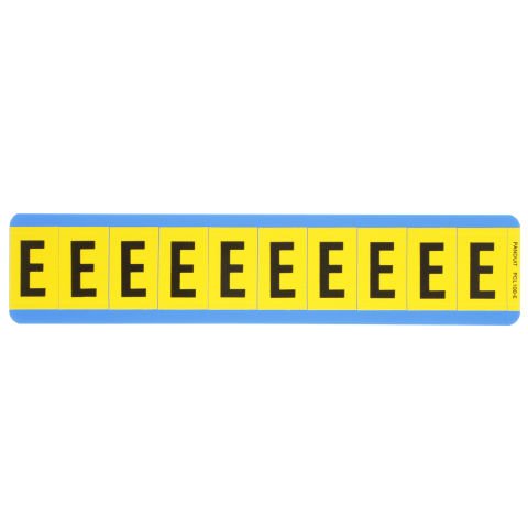 Vinil bez mektup, 1.00'' (25,4 mm), gösterge yüksekliği, 1.50'' (38.1) yüksekliği, 'E' (gösterge), siyah ve sarı / vinil kumaş, 10 markörler / kart, 25 kart / paketi.