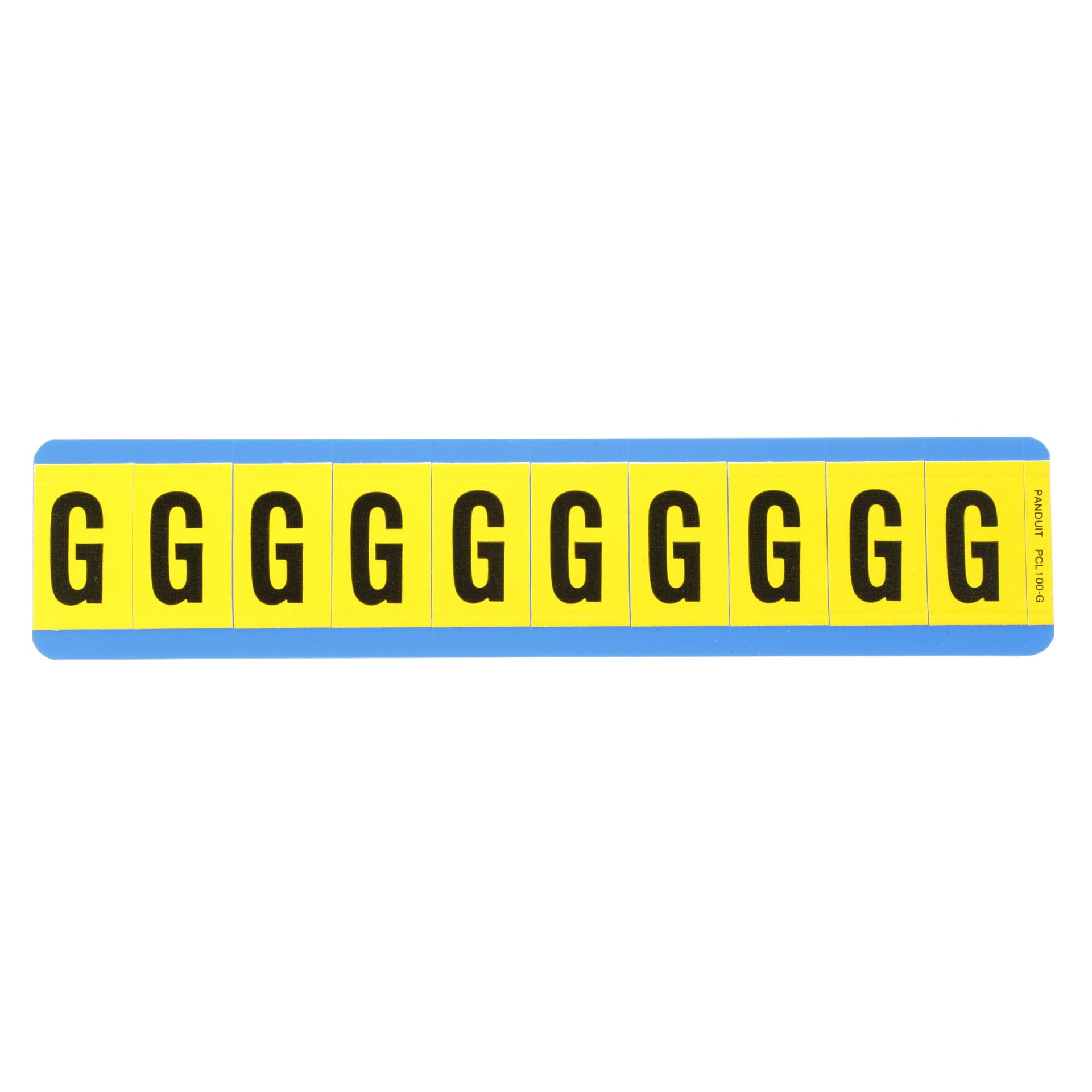 Vinil bez mektup, 1.00'' (25,4 mm), gösterge yüksekliği, 1.50'' (38.1) yüksekliği, 'G' (gösterge), siyah ve sarı / vinil kumaş, 10 markörler / kart, 25 kart / paketi.