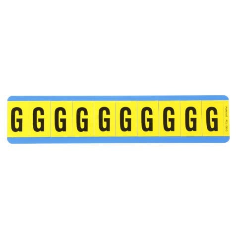 Vinil bez mektup, 1.00'' (25,4 mm), gösterge yüksekliği, 1.50'' (38.1) yüksekliği, 'G' (gösterge), siyah ve sarı / vinil kumaş, 10 markörler / kart, 25 kart / paketi.