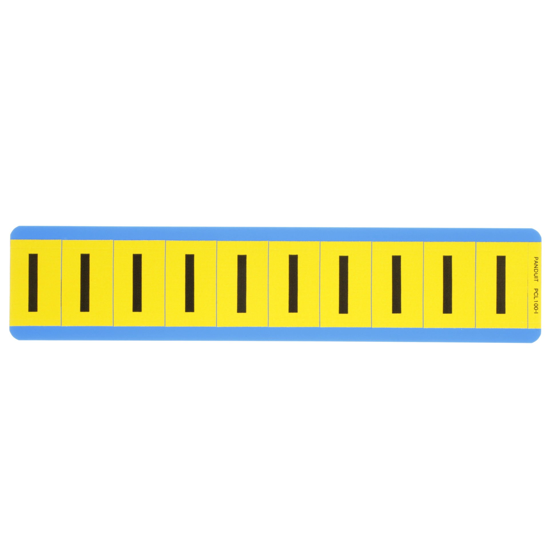 Vinil bez mektup, 1.00'' (25,4 mm), gösterge yüksekliği, 1.50'' (38.1) yüksekliği, 'I' (gösterge), siyah ve sarı / vinil kumaş, 10 markörler / kart, 25 kart / paketi.