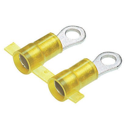 Ağır Halka terminal, naylon yalıtımlı metal yalıtım kavrama manşonu, 16-12 AWG kablo aralığı, 05 hazır ve # 6 saplama boyutu.