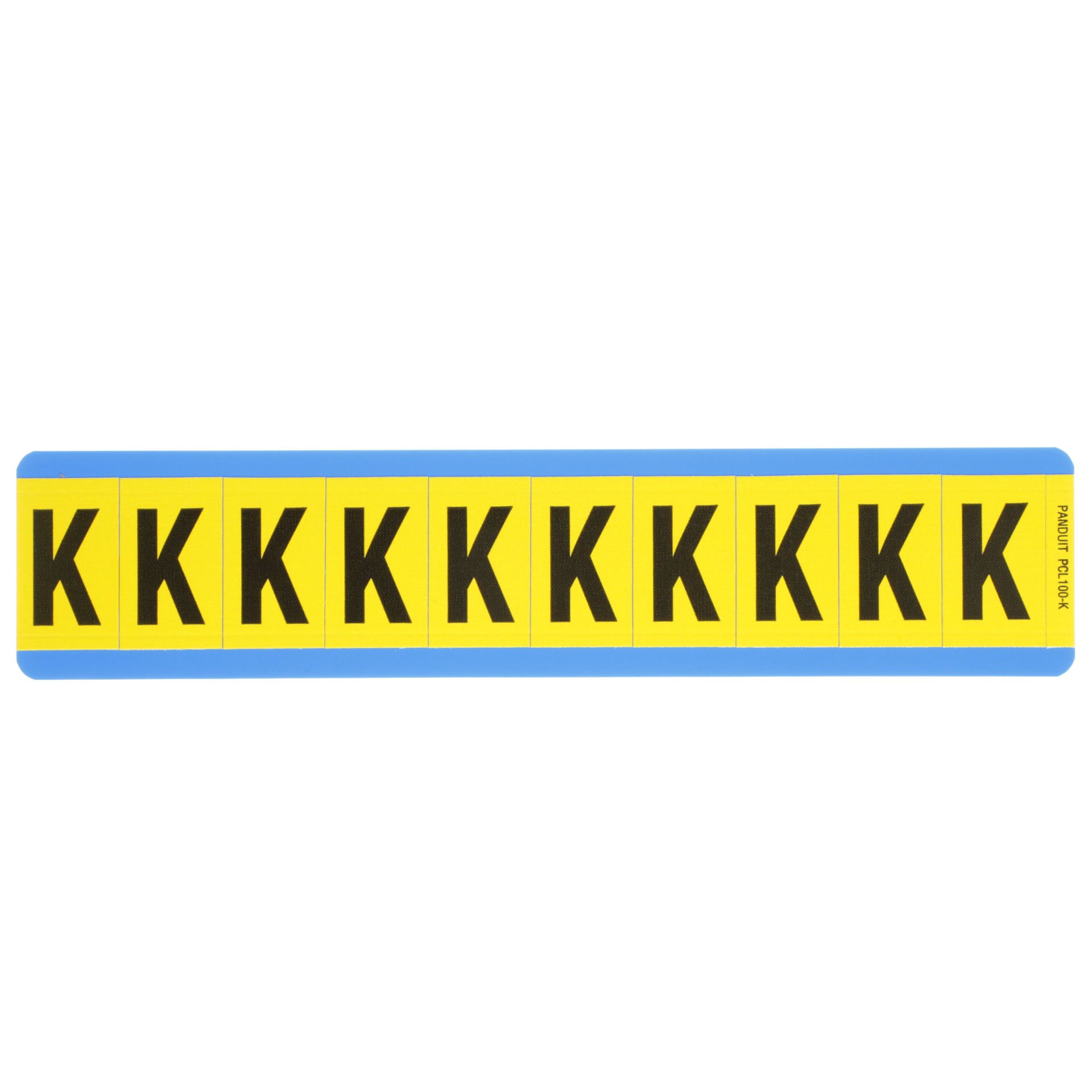 Vinil bez mektup, 1.00'' (25,4 mm), gösterge yüksekliği, 1.50'' (38.1) yüksekliği, 'K' (gösterge), siyah ve sarı / vinil kumaş, 10 markörler / kart, 25 kart / paketi.
