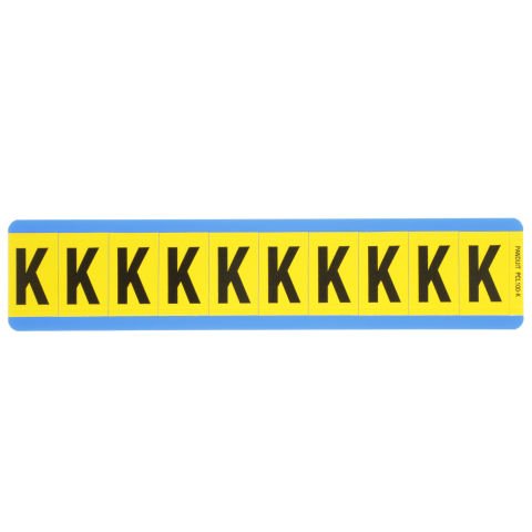 Vinil bez mektup, 1.00'' (25,4 mm), gösterge yüksekliği, 1.50'' (38.1) yüksekliği, 'K' (gösterge), siyah ve sarı / vinil kumaş, 10 markörler / kart, 25 kart / paketi.