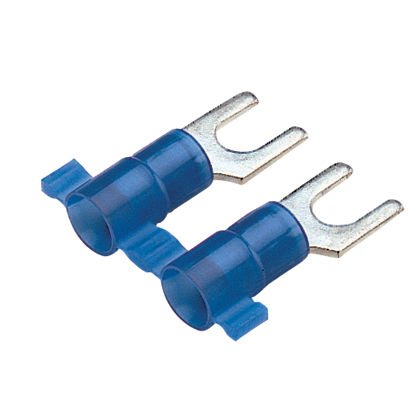 Çatal terminal, naylon yalıtımlı metal yalıtım kavrama manşonu, 16-14 AWG kablo aralığı, 10. saplama boyutu.