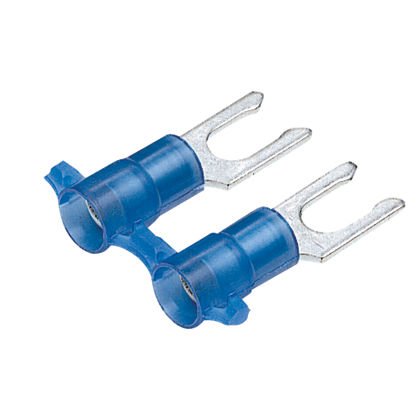 Kilitleme çatal terminal, naylon yalıtımlı metal yalıtım kavrama manşonu, 16-14 AWG kablo aralığı, 10. saplama boyutu.