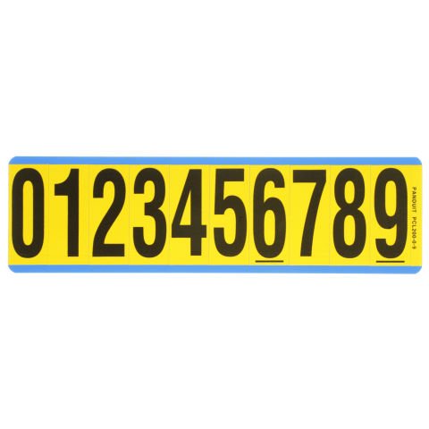 Vinil bez numarası, 2.00'' (50.8mm) gösterge yüksekliği, 2.25'' (57.2) yüksekliği, '0-9' (gösterge), siyah ve sarı / vinil kumaş, 10 markörler / kart, 25 kart / paketi.