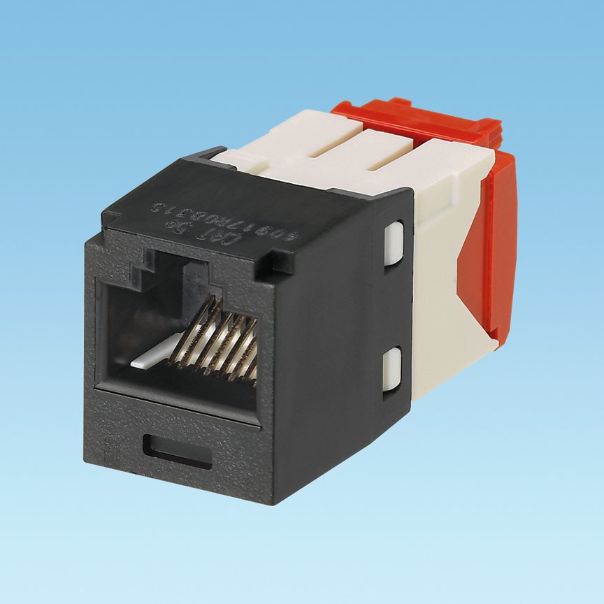 Kategori 5e, RJ45, 8-konumu, 8 telli, UTP Mini Com® evrensel jak modülü TG tarzı fesih vardır ve siyahtır.