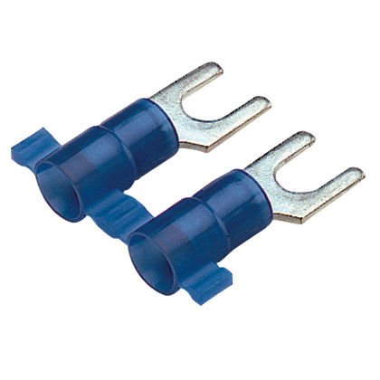 Çatal terminal, naylon yalıtımlı metal yalıtım kavrama manşonu, 16-14 AWG kablo aralığı, 6. saplama boyutu.