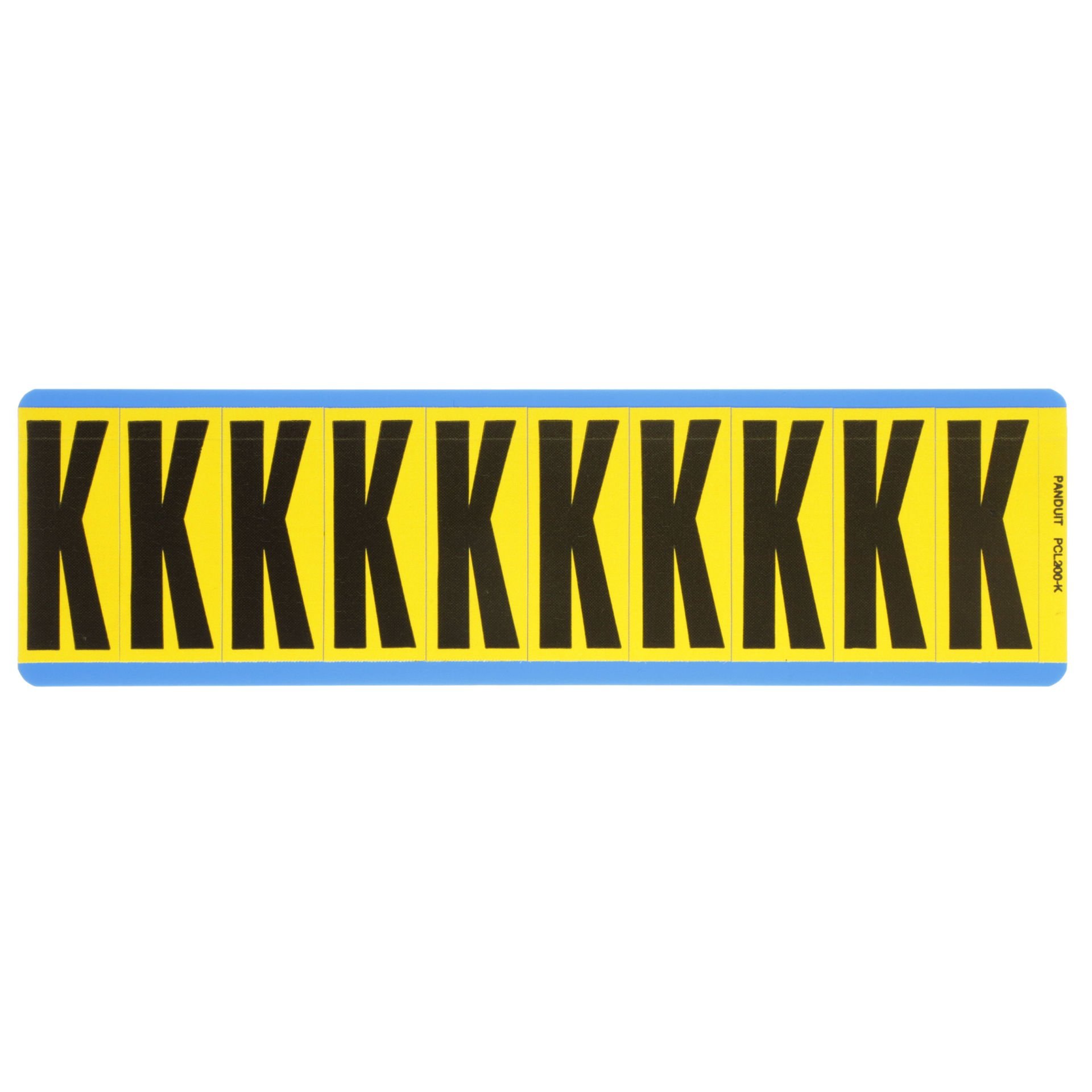 Vinil bez mektup, 2.00'' (50.8mm) gösterge yüksekliği, 2.25'' (57.2) yüksekliği, 'K' (gösterge), siyah ve sarı / vinil kumaş, 10 markörler / kart, 25 kart / paketi.